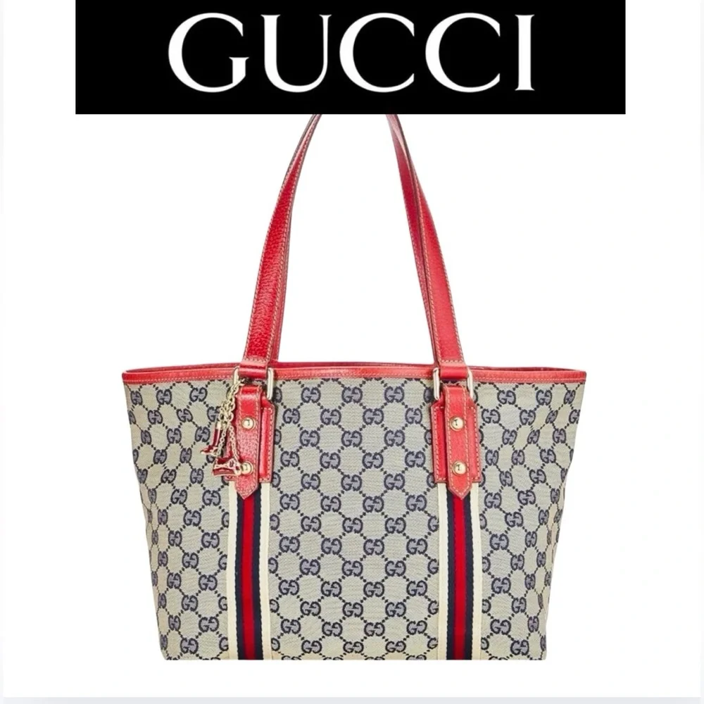 GUCCI Jolicoeur Navy/Red Striped Canvas w/Leather Golden Hardware & Charms, EUC